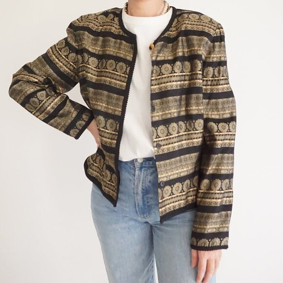 Vintage Maggy London Gold Black Floral Metallic Button Up Blazer 14 - Picture 1 of 10